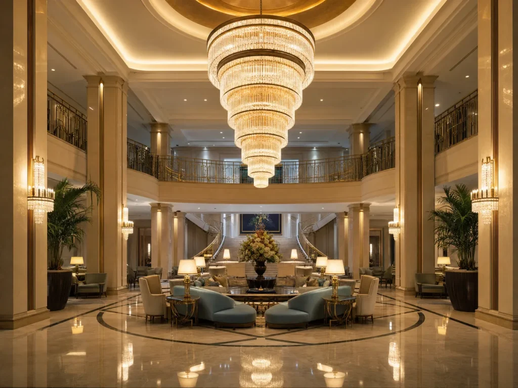 Tiered crystal chandelier in a hotel lobby