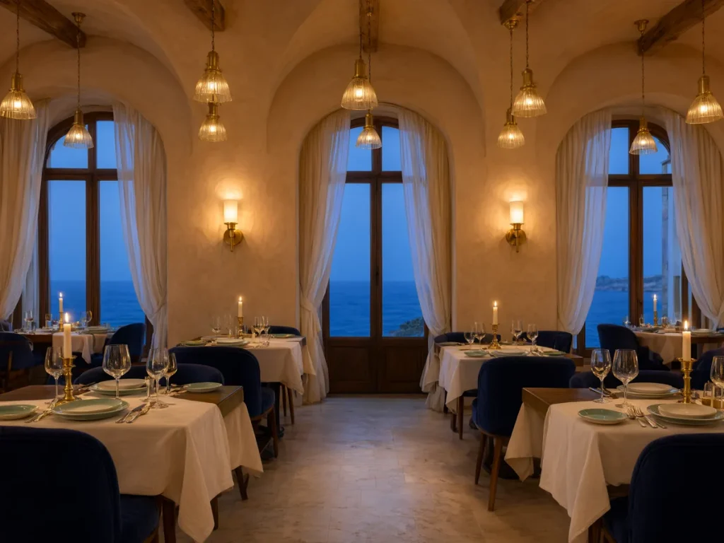 Brass pendant lights over a restaurant dining room