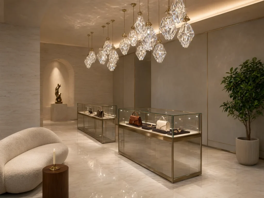 Faceted crystal pendant in a retail boutique