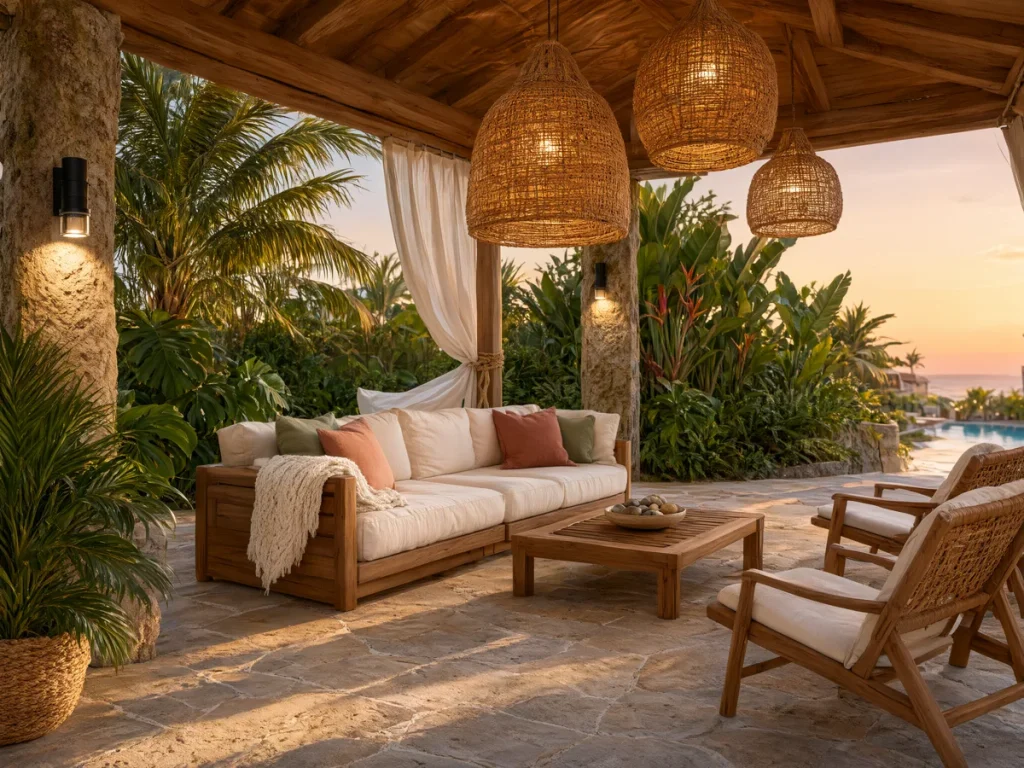 Woven rattan pendant in a resort pavilion