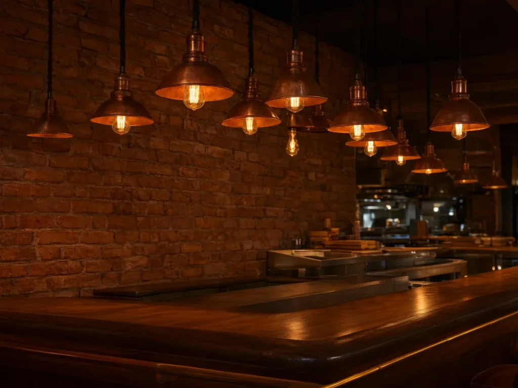 Copper industrial pendant above a bar counter