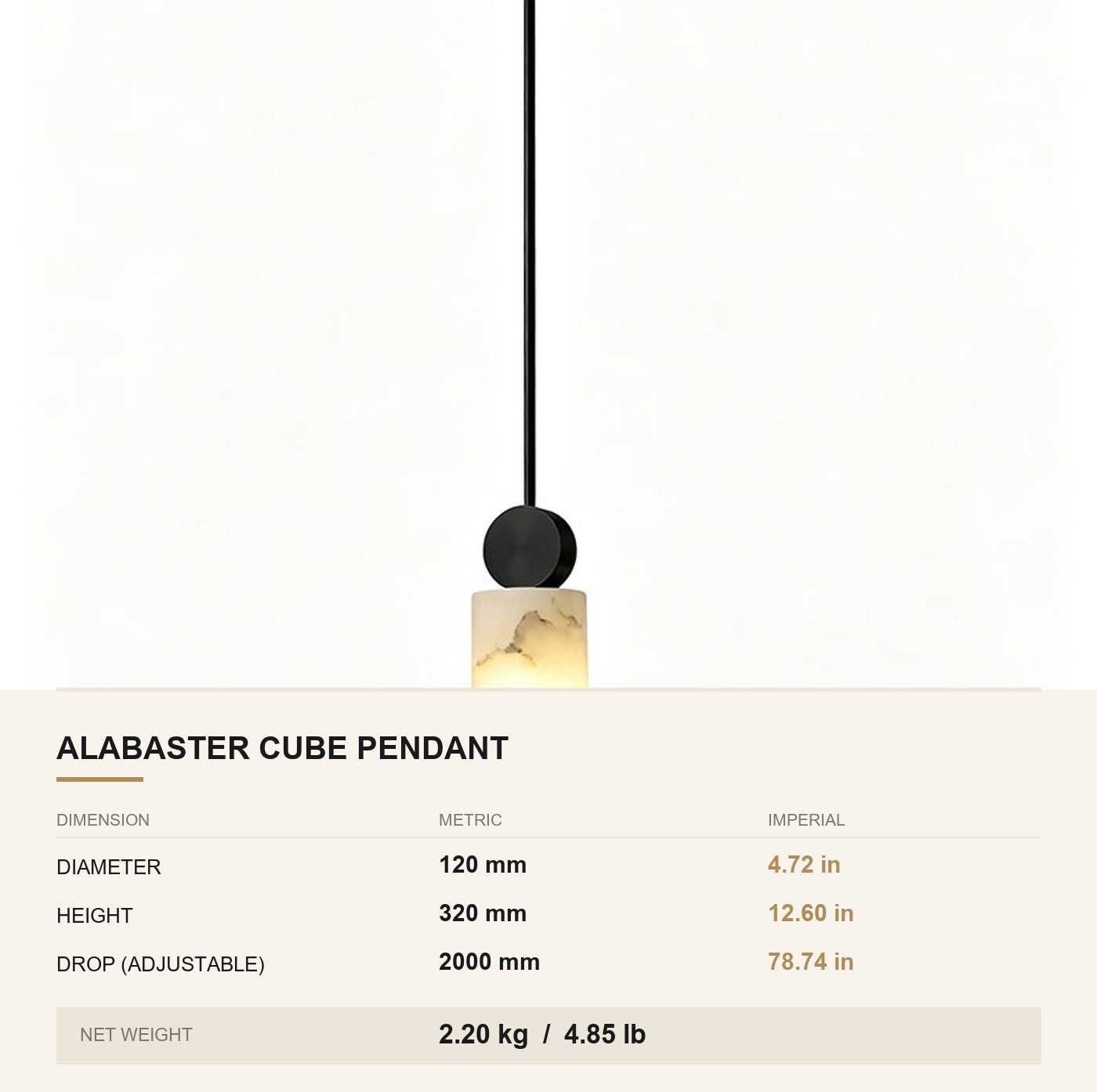 Alabaster Cube Pendant — Slim Rod Hanging Light for Bedside & Bar — dimensions in mm and inches