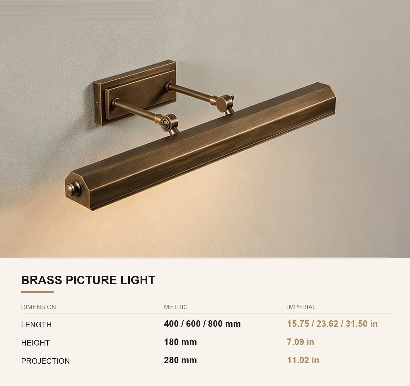 Brass Picture Light for Art & Mirrors — Linear Gallery Wall Fixture — dimensions in mm and inches