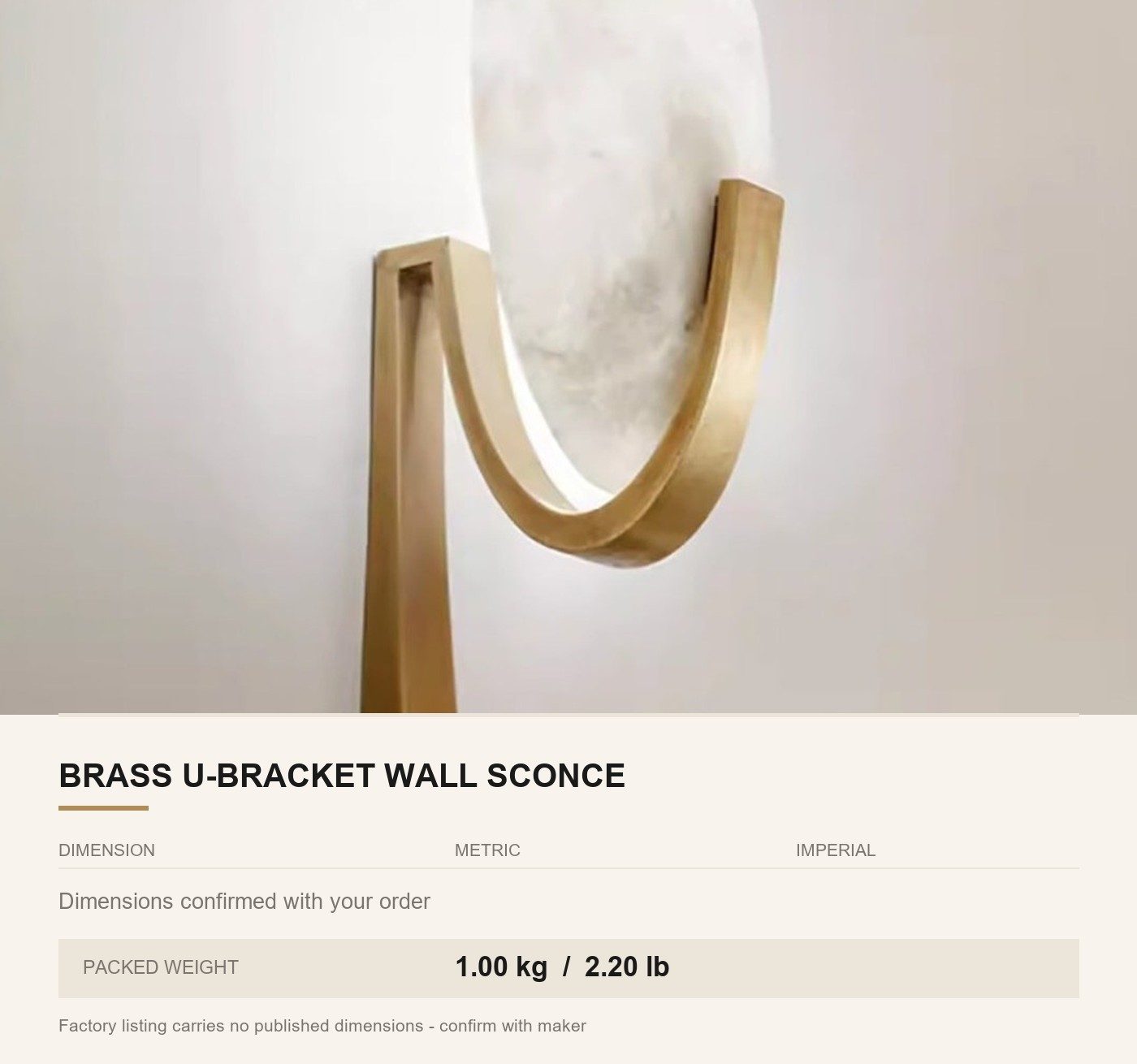 Brass U-Bracket Wall Sconce with Oval Alabaster Shade — Statement Bedside Light — dimensions in mm and inches