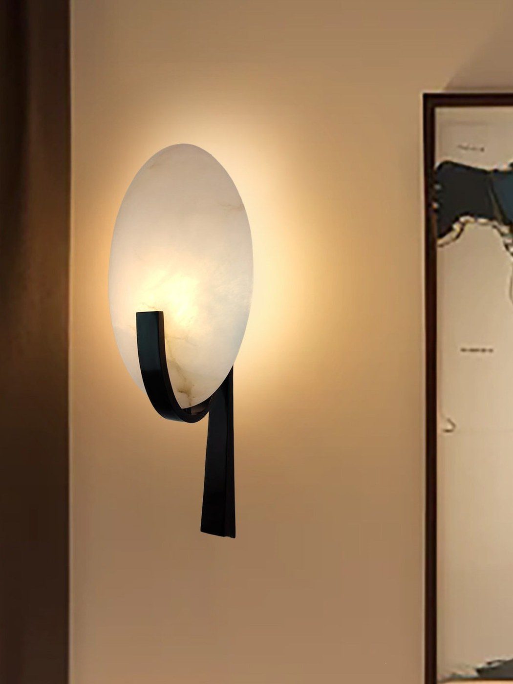 Brass U-Bracket Wall Sconce with Oval Alabaster Shade — Statement Bedside Light - Image 3