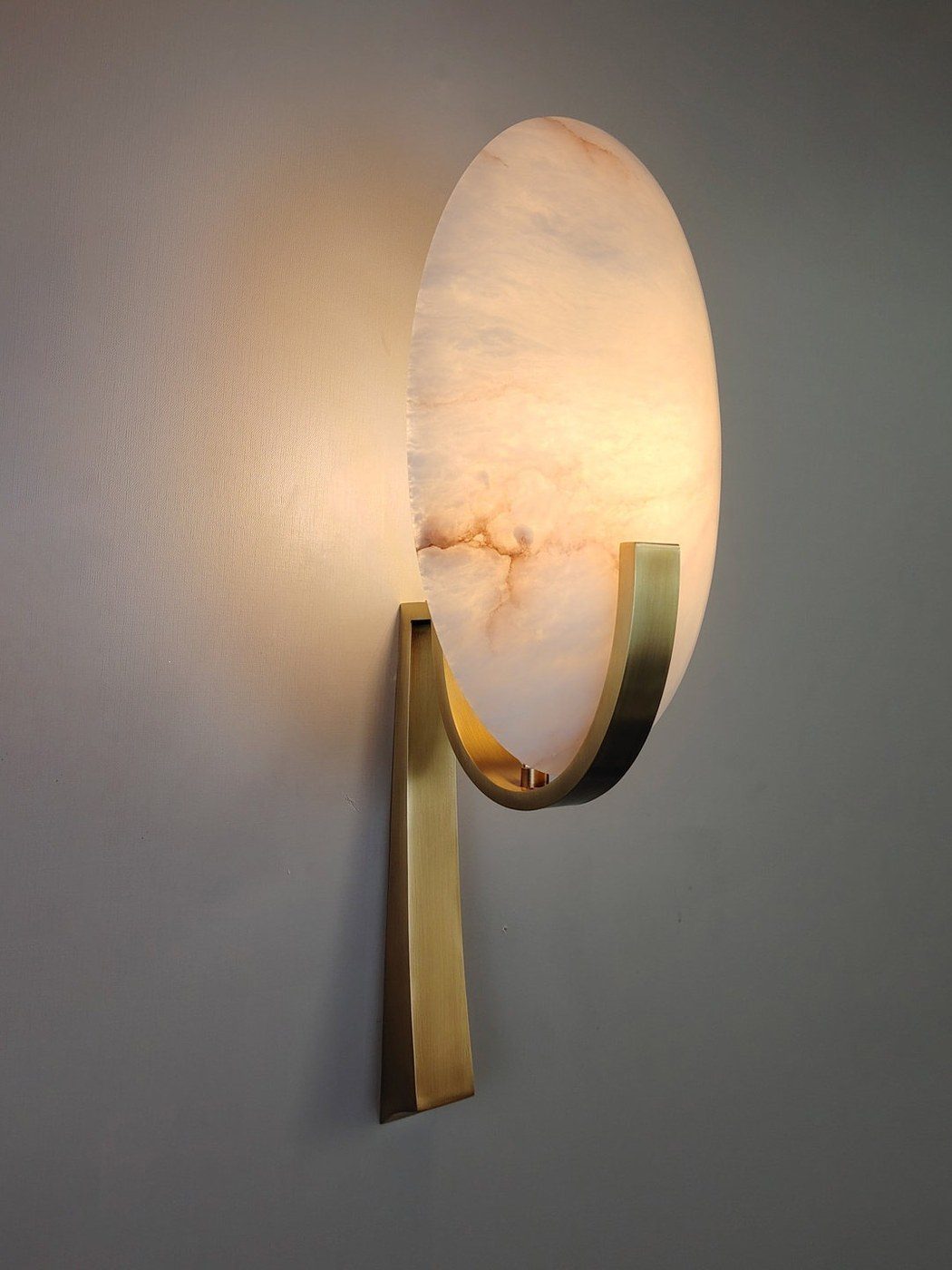 Brass U-Bracket Wall Sconce with Oval Alabaster Shade — Statement Bedside Light - Image 4