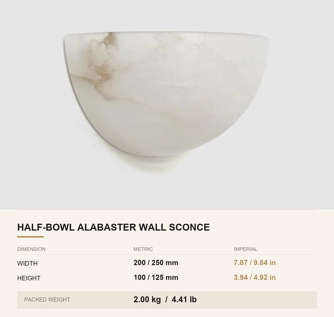 Half-Bowl Alabaster Wall Sconce — Soft Glow Light for Bedrooms & Corridors — dimensions in mm and inches