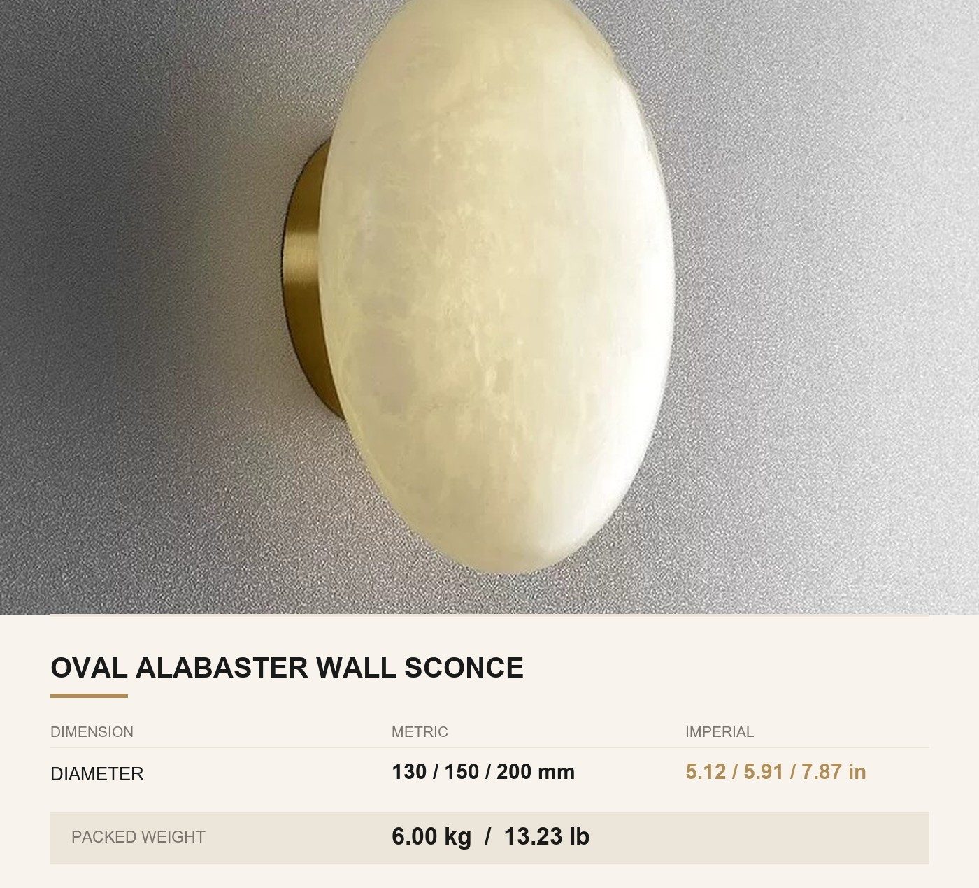Oval Alabaster Wall Sconce on Brass Backplate — Bedside & Guest Room Light — dimensions in mm and inches