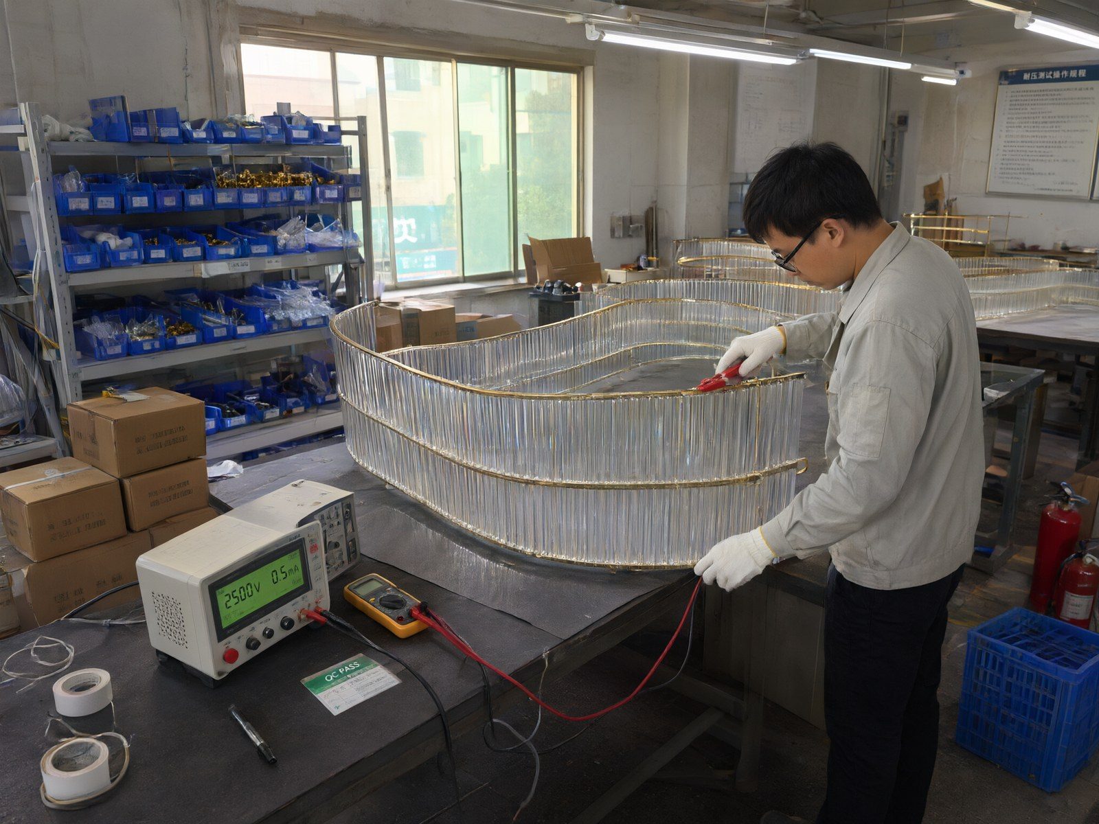 Factory worker running a high-voltage safety test on a custom chandelier frame during quality inspection.