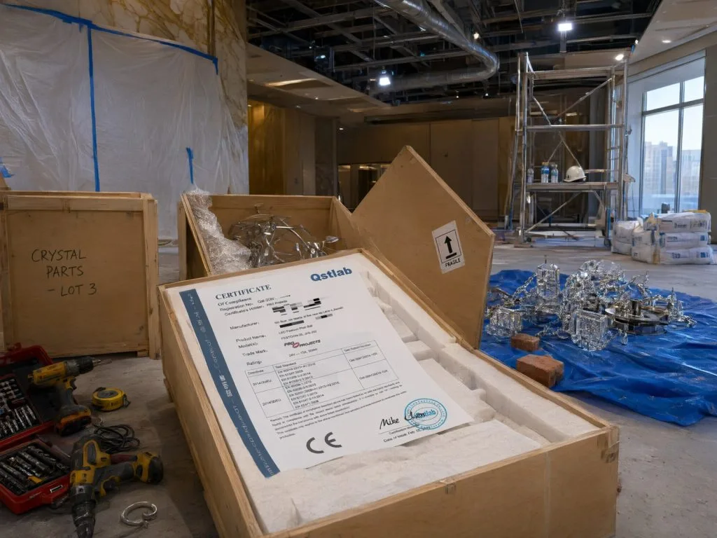 CE compliance certificate from Qslab reviewed on a Staylighting chandelier installation site alongside the packed fixture.
