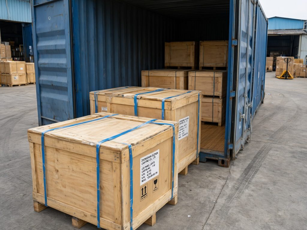 Custom-built wooden shipping crates loaded into a 20ft shipping container for FOB China port delivery to an overseas lighting buyer.