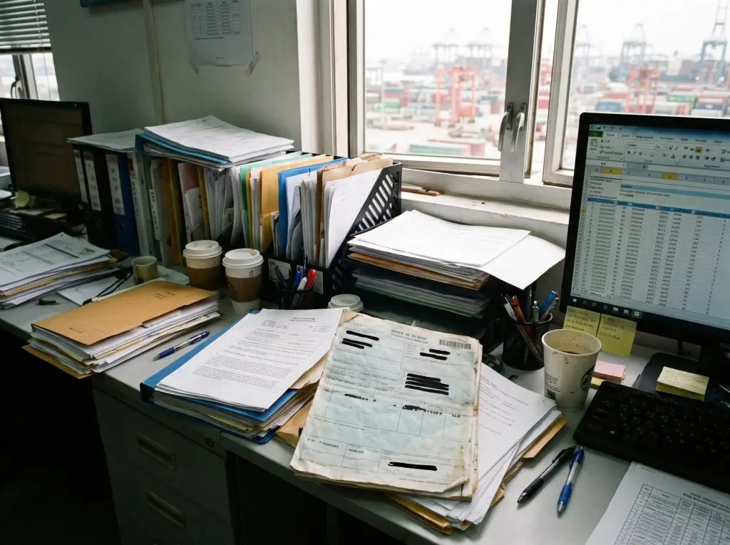 Forwarder paperwork and shipping rate sheets on a desk by the port — used to compare freight quotes for lighting import shipments.