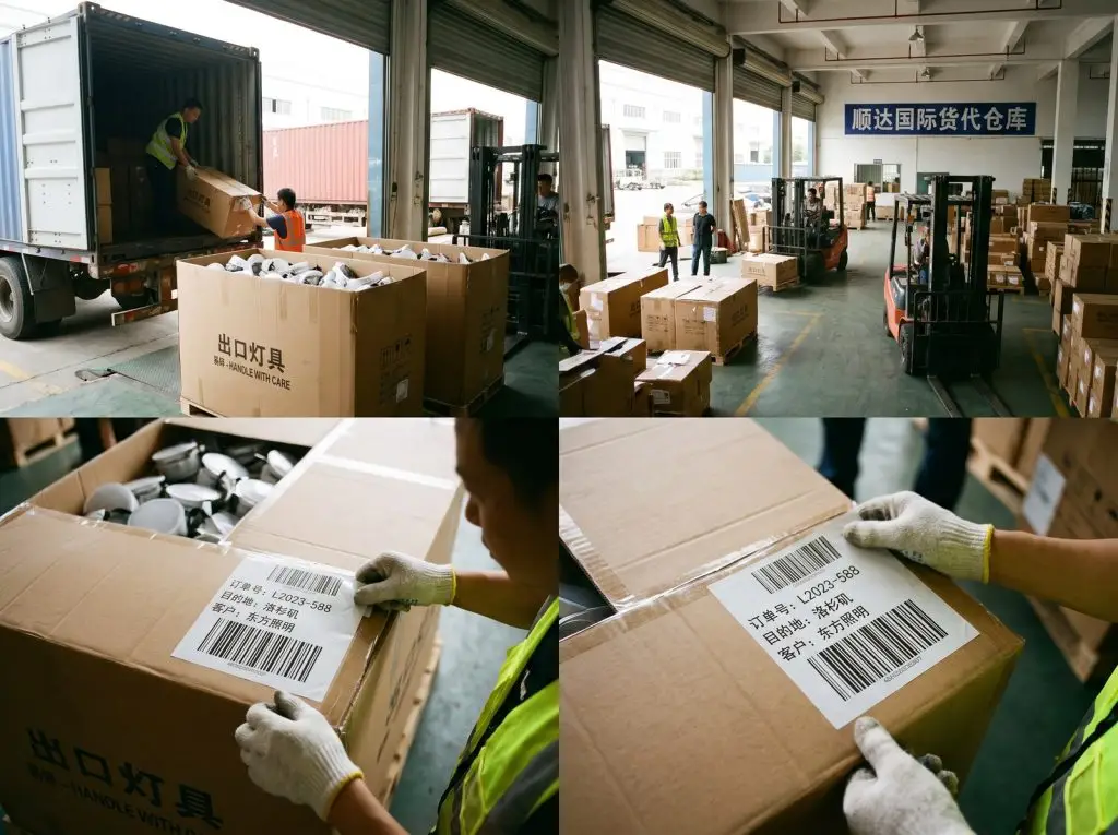 Workers loading cartons into a shipping container — packing lighting goods for a buyer who arranged their own freight forwarder.