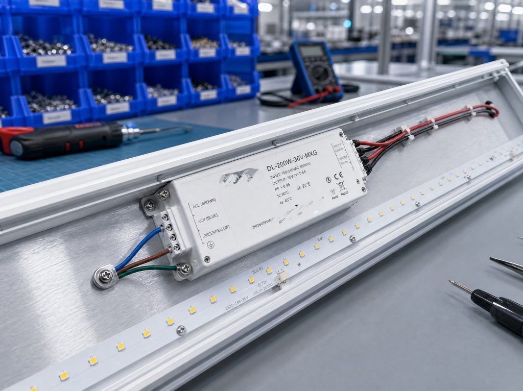 LED driver undergoing in-line testing in our workshop, part of pre-shipment inspection supporting lighting certification documentation.