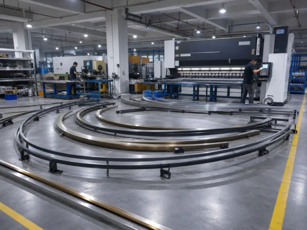 Large-diameter circular chandelier frame being custom-bent in our metal workshop — a custom-made ring frame for high-ceiling chandelier installations.