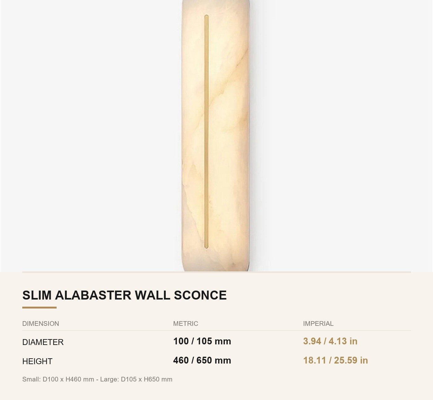 Slim Alabaster Wall Sconce — Vertical Capsule Light for Hotel Corridors — dimensions in mm and inches