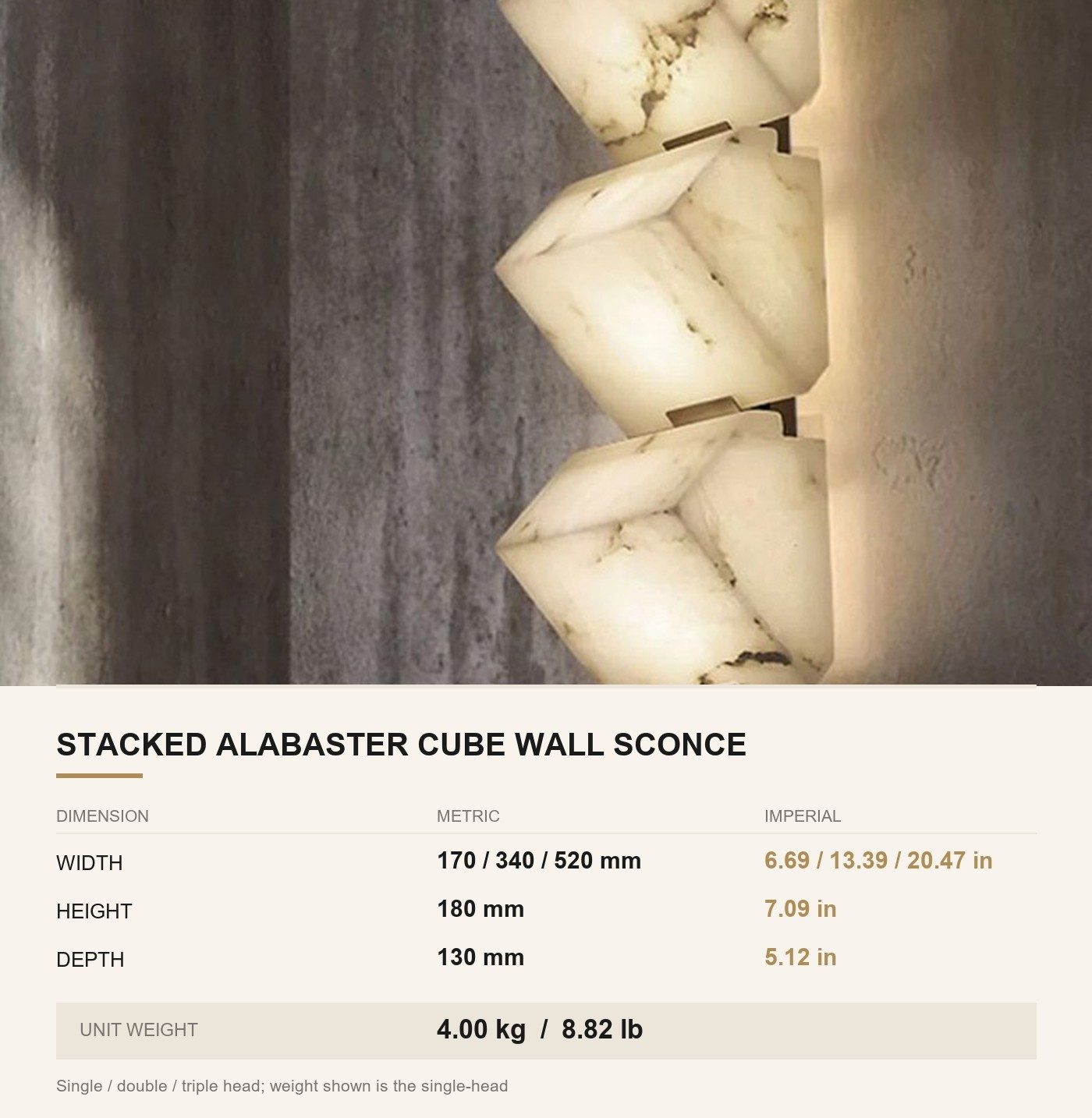 Stacked Alabaster Cube Wall Sconce — Sculptural Corridor & Feature Wall Light — dimensions in mm and inches