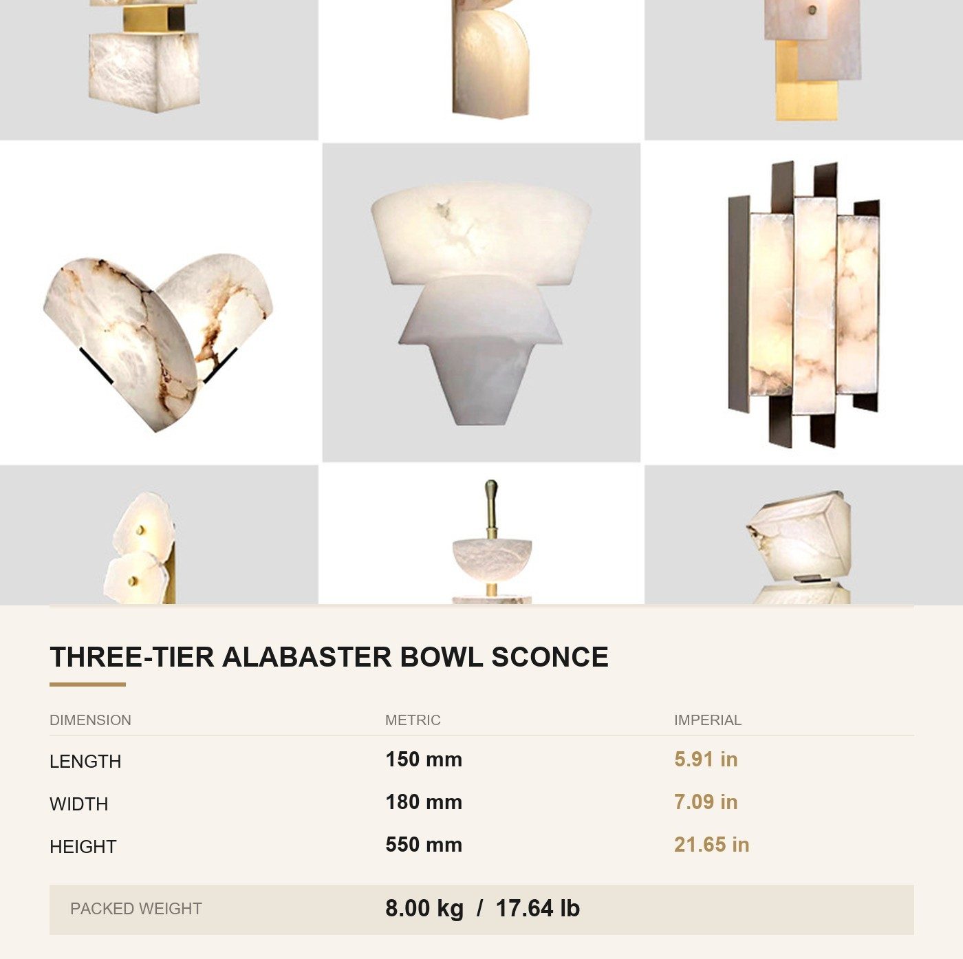 Three-Tier Alabaster Bowl Sconce — Sculptural Brass Wall Light for Lobbies — dimensions in mm and inches