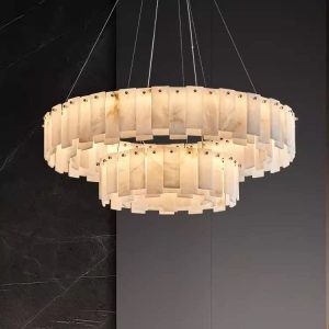 Three-Tier Alabaster Chandelier — Drum Pendant for Hotel Lobbies
