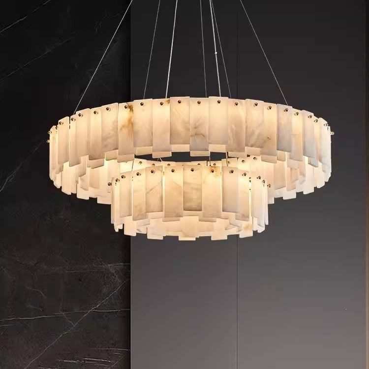 Three-Tier Alabaster Chandelier — Drum Pendant for Hotel Lobbies