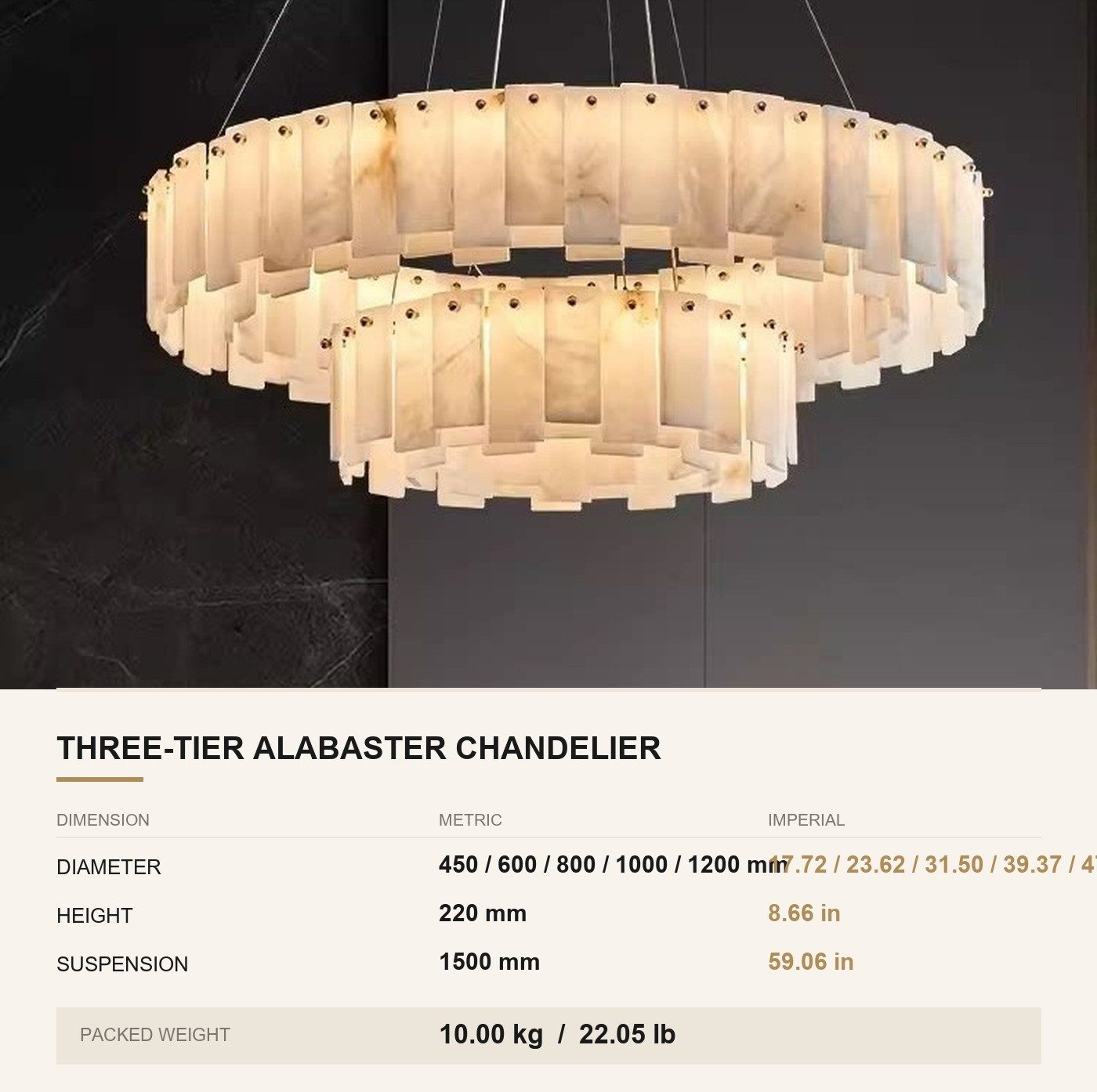 Three-Tier Alabaster Chandelier — Drum Pendant for Hotel Lobbies — dimensions in mm and inches