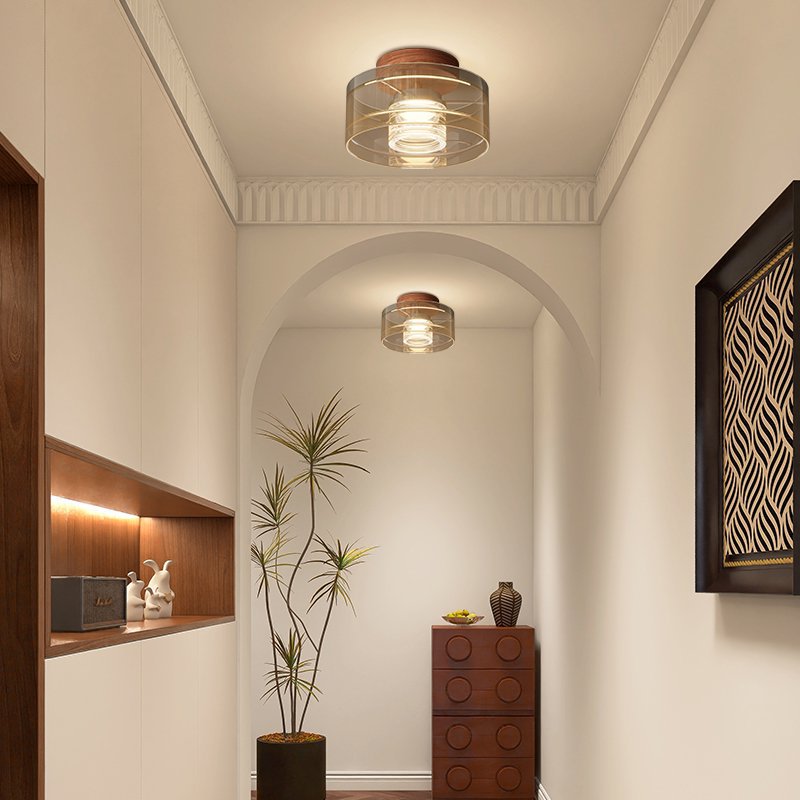 Amber Glass Layered Ceiling Light with Walnut Base - Image 5