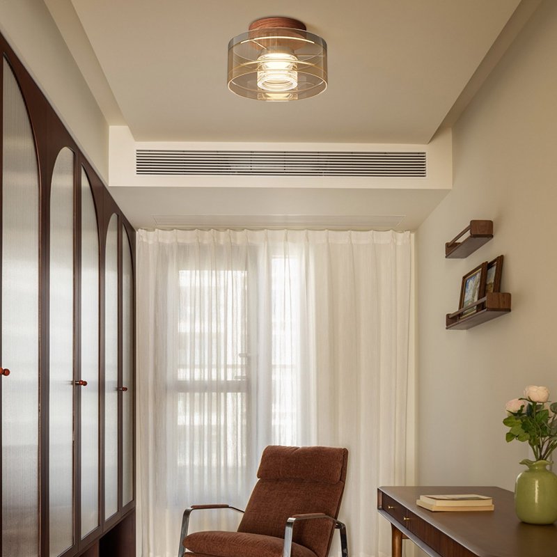 Amber Glass Layered Ceiling Light with Walnut Base - Image 3