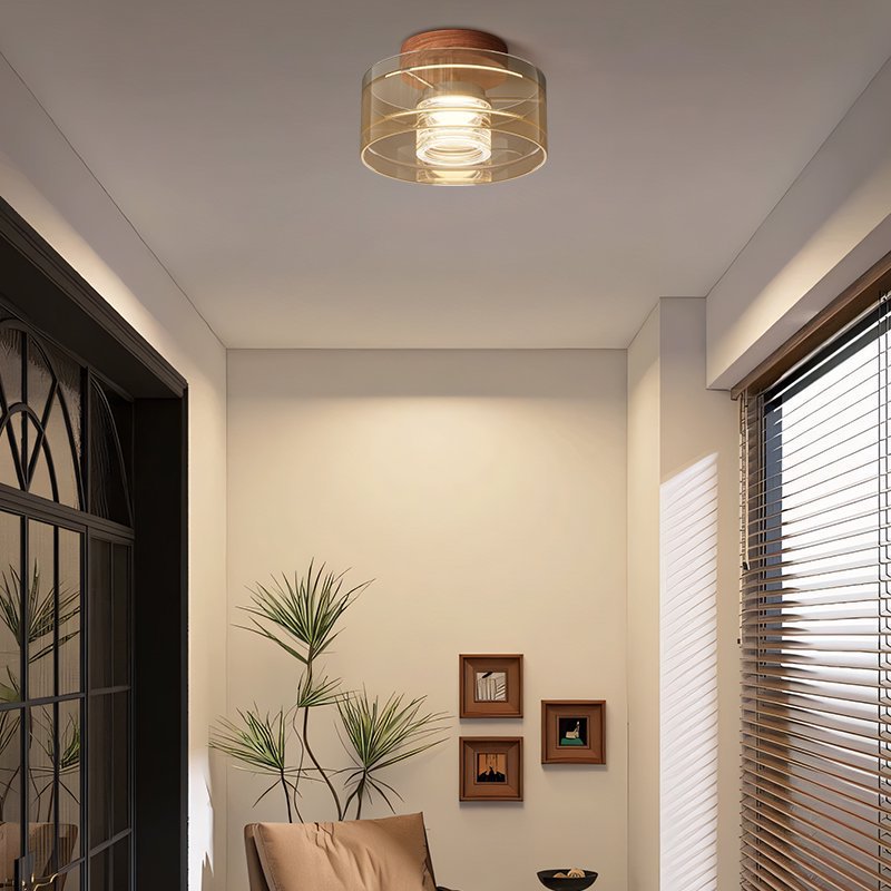 Amber Glass Layered Ceiling Light with Walnut Base - Image 2