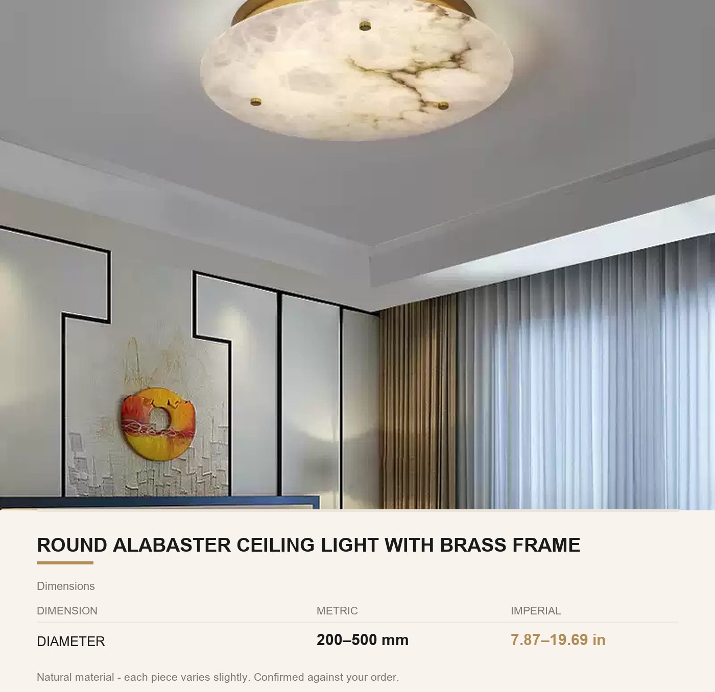 Round Alabaster Ceiling Light with Brass Frame - Image 6