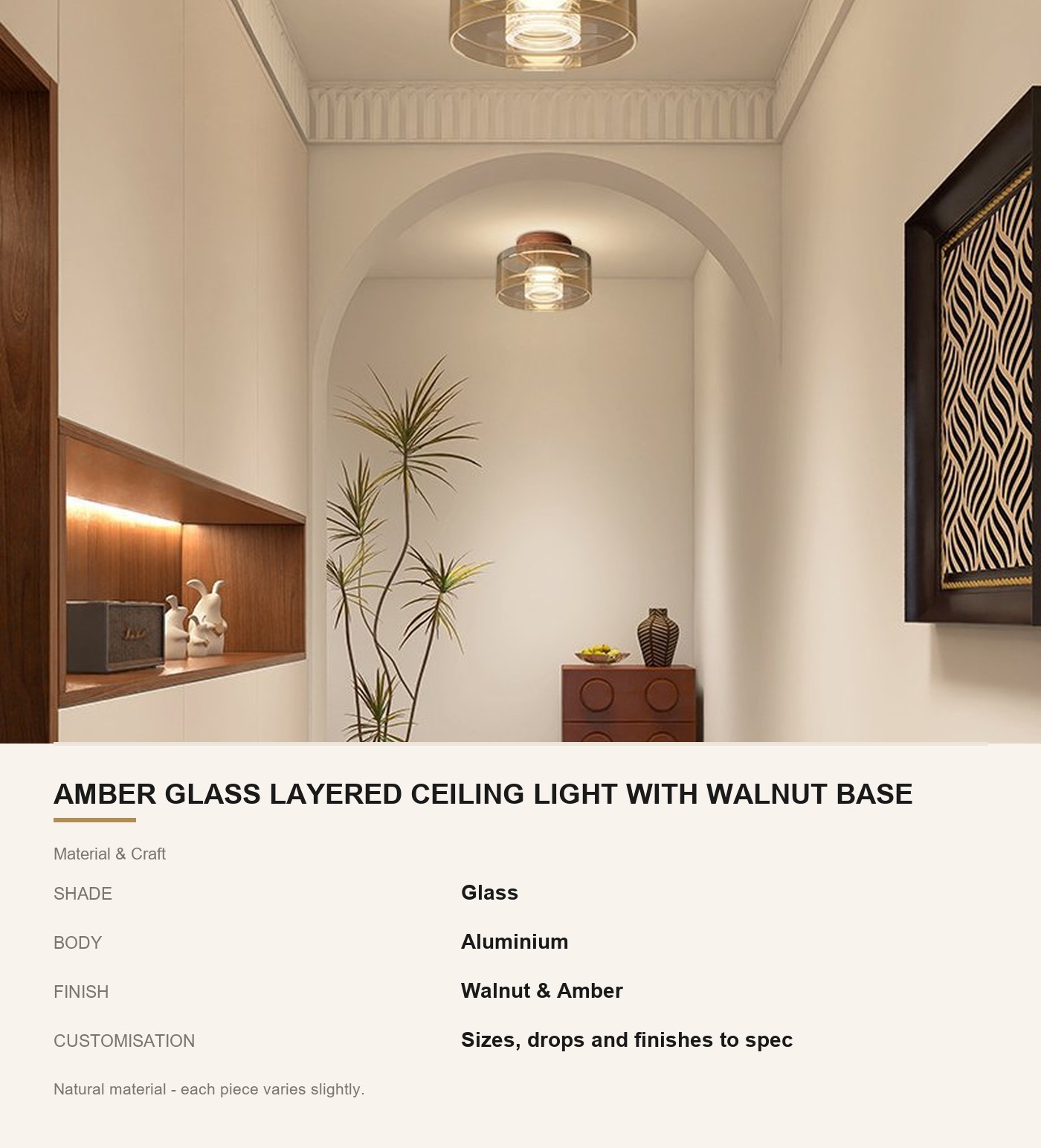 Amber Glass Layered Ceiling Light with Walnut Base - Image 7