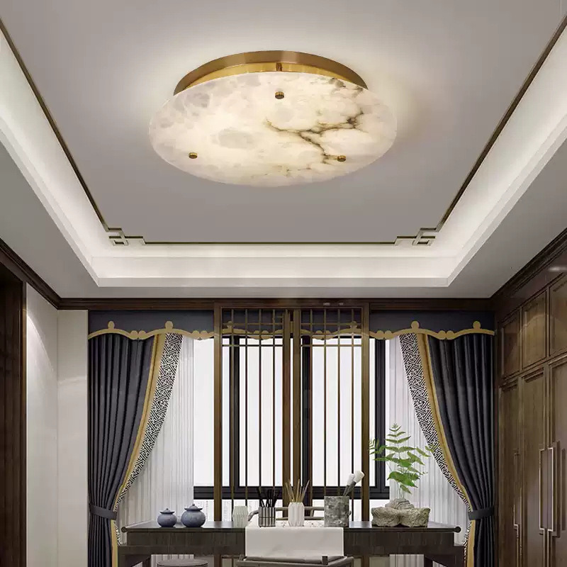 Round Alabaster Ceiling Light with Brass Frame - Image 2